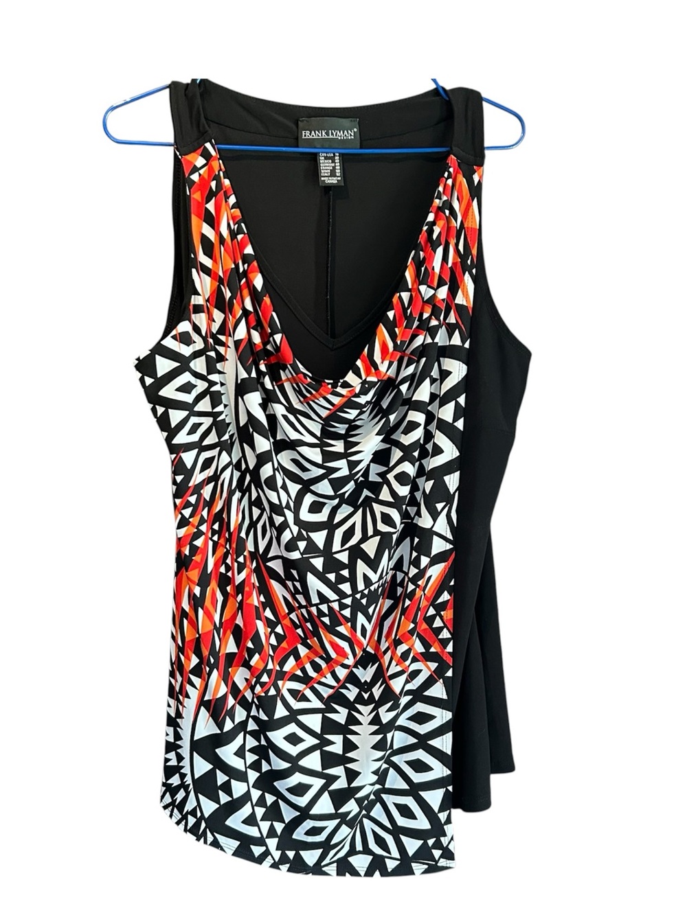 🇨🇦 Frank Lyman Design Black Multicolor Geometric Drape-Front Tank